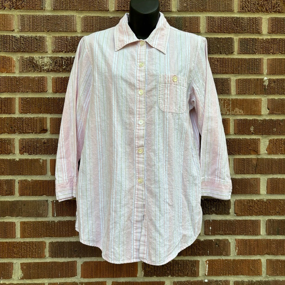 Liz Baker Women's Button-Down Linen Blend stripped Pink shirt Top Sz M Tall